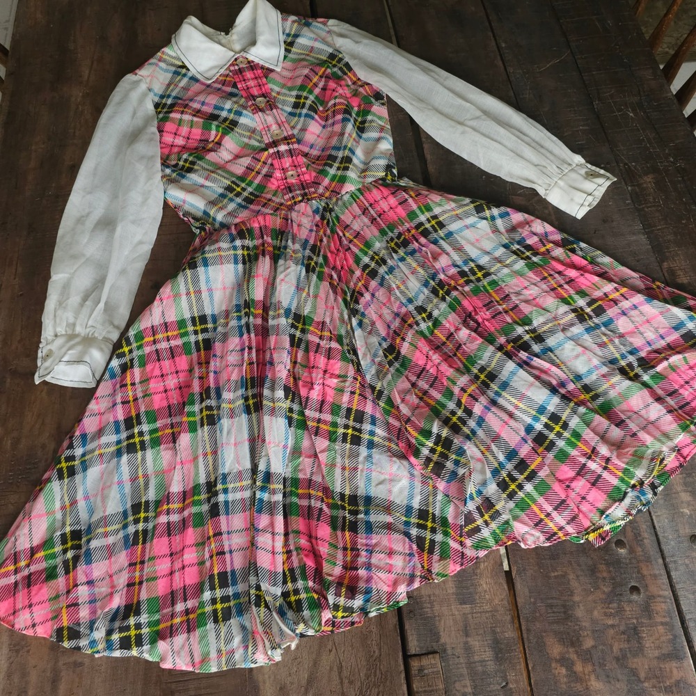 Vintage 70s R&K Originals Plaid Dress Pink White Long Sleeve Collared Retro Gown
